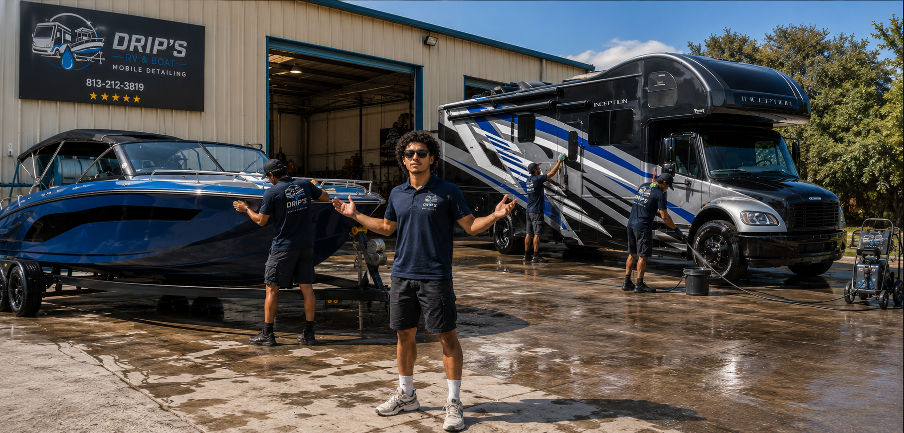 Drips RV & Boat Mobile Detailing crew restoring an RV and boat in Hudson Florida